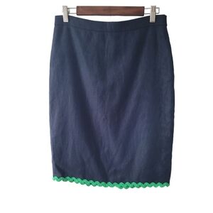 J. Crew Navy and Green Rick Rack Linen Pencil Skirt Size 4 Preppy Classic